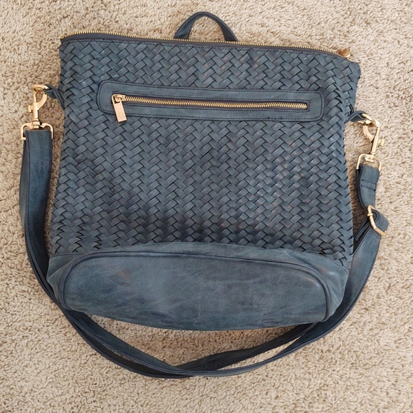 Neiman Marcus Handbags - Neiman Marcus Convertible Shoulder Bag Backpack Faux Leather Woven Blue Gold